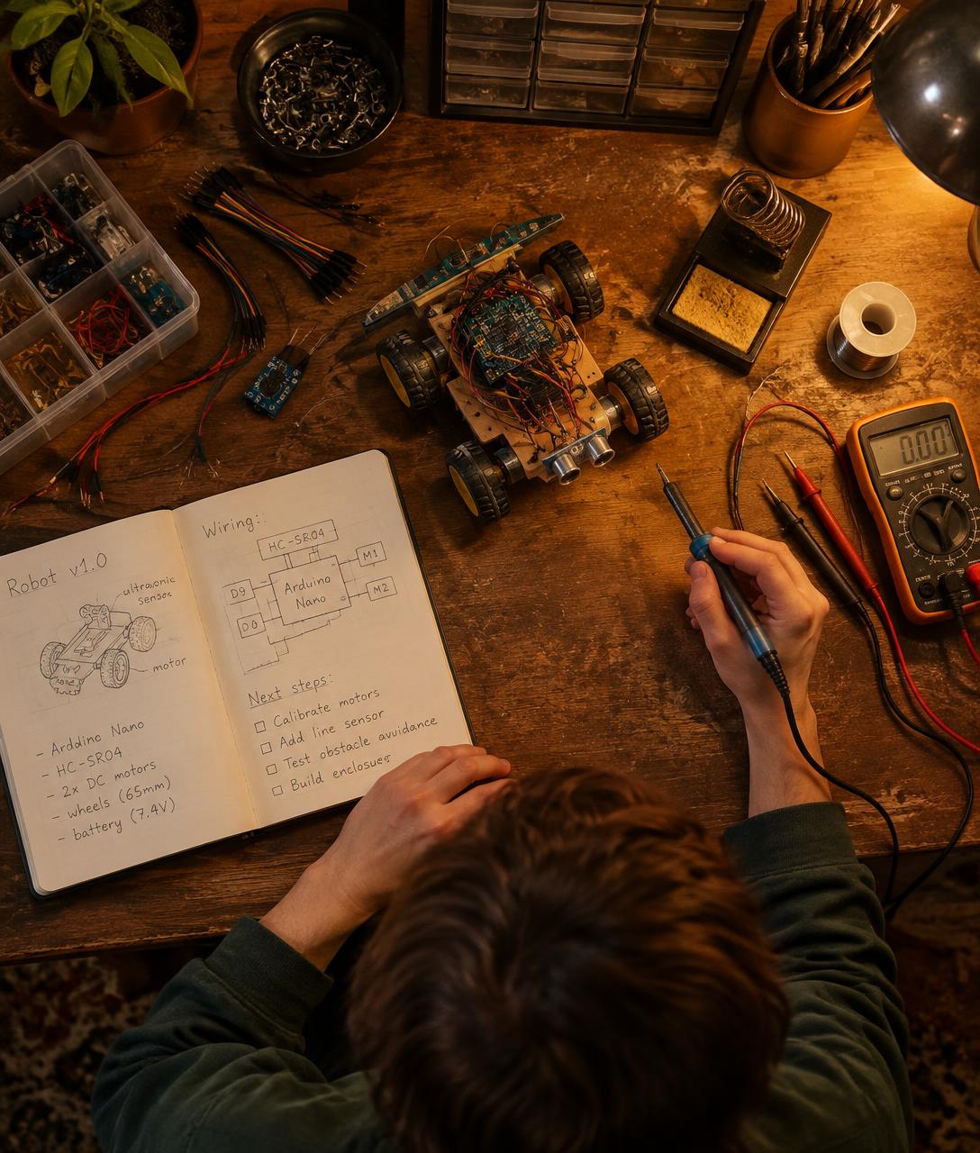 A young engineer's workbench with a prototype and sketchbook